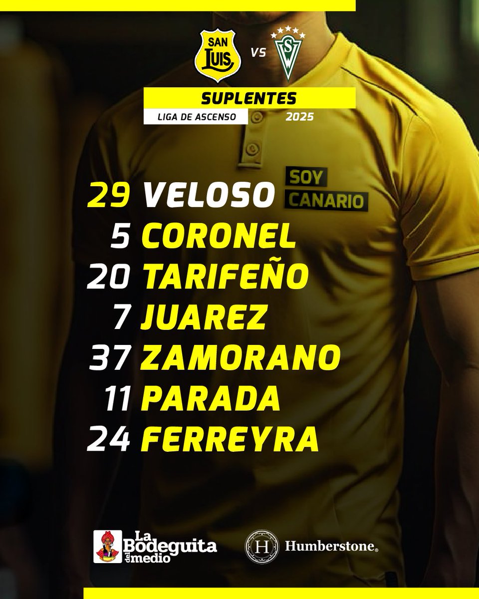 soycanario's tweet photo. ESTAMOS LISTOS ✍🏻
Así sale el #SanLuis de Fernando Guajardo ante #SantiagoWanderers por el #Ascenso2025 🇨🇱 #Fecha24 Nicolás Molina titular y Daniel Retamal capitán 👨✈️
#SoyCanario https://t.co/Uu6gFL66EQ