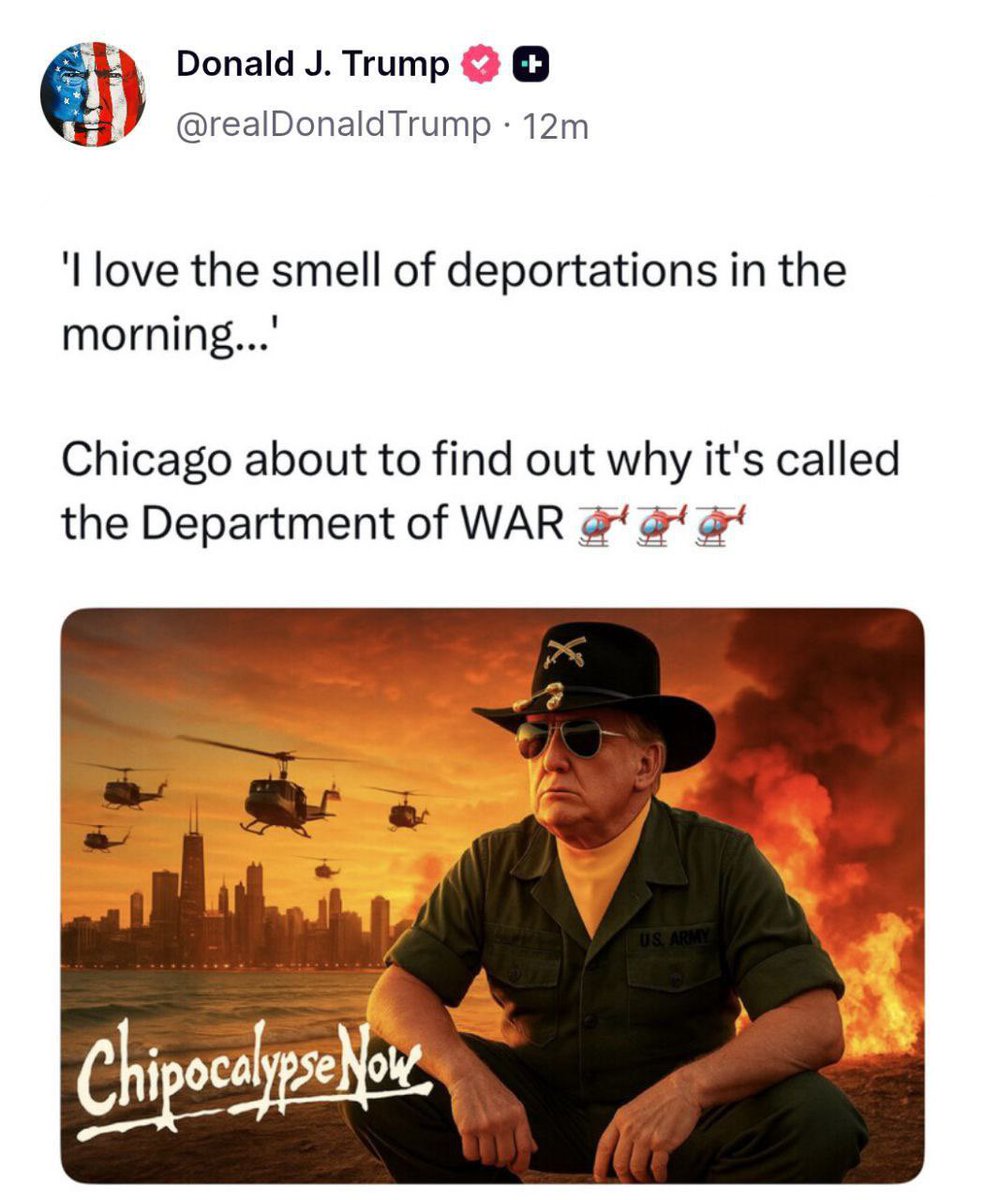 ❗️I love the smell of deportations in the morning: Trump posted a photo of himself in the style of "Apocalypse Today."

He promised Chicago that they would soon learn the meaning of the name "Department of War."