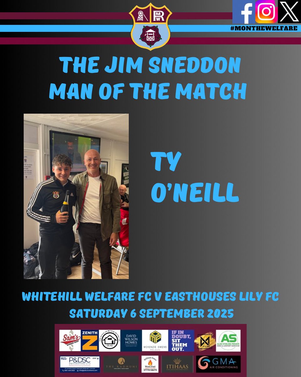 WhitehilWelfare's tweet photo. 🏆 Jim Sneddon Man of the Match 🏆

As chosen by today’s Match Sponsor Local Dads Supporting WWFC…
⚽️ Goalscorer of the first Whitehill goal — Ty O’Neill 👏🇱🇻🇱🇻 https://t.co/VFoR76K9A1