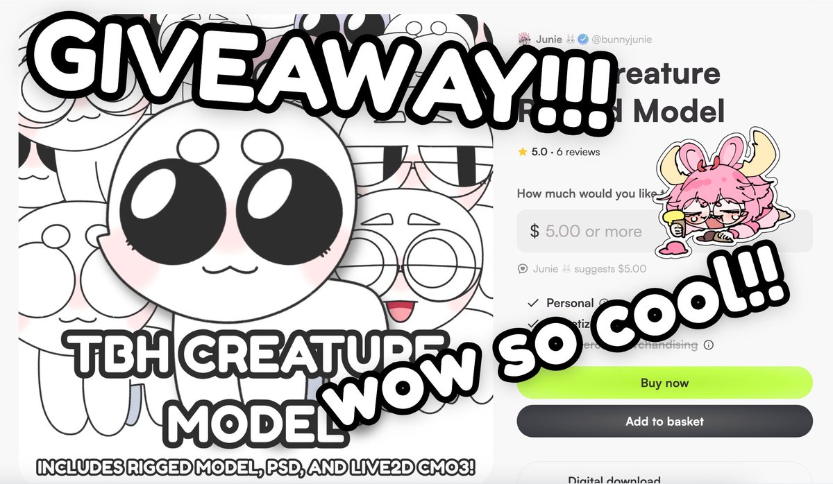 GIVEAWAY TIME!!

I'M GIVING AWAY THREE COPIES OF MY CUSTOMIZABLE TBH VTUBER MODEL!! THIS MODEL COMES WITH FOUR EXPRESSIONS AND OVER ONE HUNDRED DIFFERENT COMBINATIONS OF TOGGLES!! AND FREE UPDATES!!

to enter:
like this tweet!
retweet!
follow me!

this ends september tenth!!