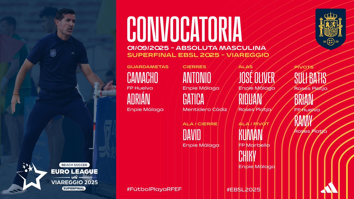 Fútbol Playa RFEF (@futbolplayarfef) on Twitter photo 🔴 La <a href="/SEFutbol/">Selección Española Masculina de Fútbol</a> Playa se concentra en Málaga.
🏆 '𝗦𝘂𝗽𝗲𝗿𝗳𝗶𝗻𝗮𝗹' 𝗘𝘂𝗿𝗼 𝗕𝗲𝗮𝗰𝗵 𝗦𝗼𝗰𝗰𝗲𝗿 𝗟𝗲𝗮𝗴𝘂𝗲.
📆 Del 9 al 14 de septiembre.
📍 Viareggio (Italia).
ℹ️ Toda la información rfef.es/es/noticias/li…
#FútbolPlayaRFEF | #EBSL2025 🔴 La <a href="/SEFutbol/">Selección Española Masculina de Fútbol</a> Playa se concentra en Málaga.
🏆 '𝗦𝘂𝗽𝗲𝗿𝗳𝗶𝗻𝗮𝗹' 𝗘𝘂𝗿𝗼 𝗕𝗲𝗮𝗰𝗵 𝗦𝗼𝗰𝗰𝗲𝗿 𝗟𝗲𝗮𝗴𝘂𝗲.
📆 Del 9 al 14 de septiembre.
📍 Viareggio (Italia).
ℹ️ Toda la información rfef.es/es/noticias/li…
#FútbolPlayaRFEF | #EBSL2025