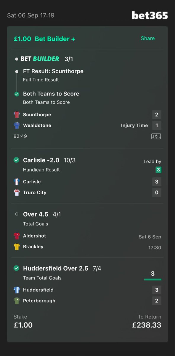 No idea what's going on with Scunthorpe game in terms of how the result would work.

Apparently Wealdstone players have gone off the pitch after an injury to 1 of the players.

Lets see if the last leg comes in on the huge longshot.

Research getting us close again.

18+