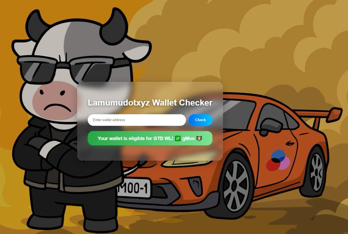 0xUzman's tweet photo. Herkese Selamlar 👋

Lamumu ( @lamumudotxyz ) Wallet Checker Geldi 🥳

🔗Link : https://t.co/fqOq5Jc7Kc

Wallet Submit bu gece 3 gibi kapanmıştı , katılanlara WL kazanan dostlara hayırlı olsunn 🫂

gMoo 🐮 https://t.co/gW6Tni7Igu