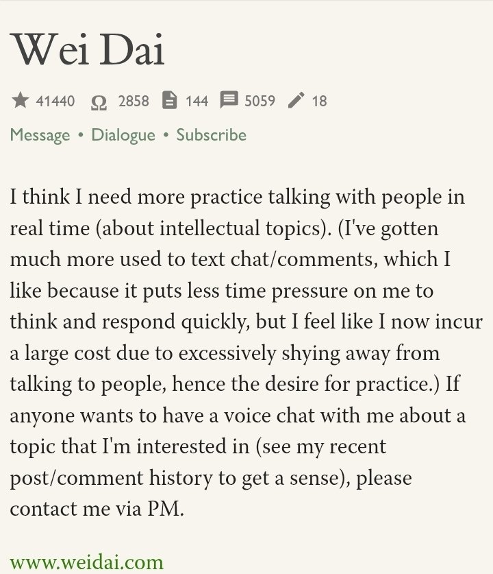 If you want a glimpse into the mind of a pre-Satoshi intellectual giant and pioneer. 

Someone who inspired Satoshi's thoughts, Bitcoin's design, and the cryptocurrency revolution.

I recommend Wei Dai’s LessWrong archive.

It’s nothing less than a treasure trove.