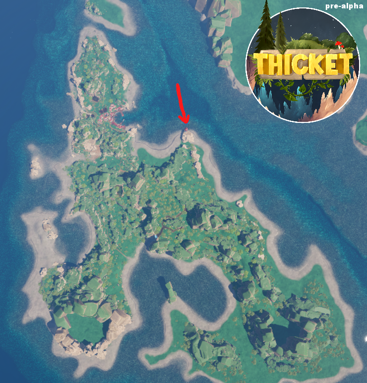 🏝️ Greetings from #Thicket's "Demo Island!" 🏝️

🛠️<a href="/ZincDaydreams/">ZincDaydreams</a>, our Lead Level Designer, has been hard at work creating Demo Island! She has an amazing eye for detail and you'll find so many great spots to explore and build on. 

🗺️To get a sense of the scale, the arrow points