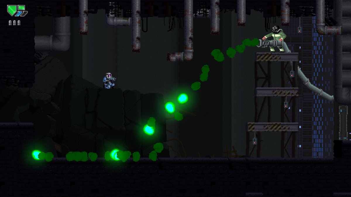 Amidst the rubble, the barrier to entry is a long stream of toxic spray - #screenshotsaturday 

#gamedev #IndieDevs #indiegame #pixelart #GodotEngine