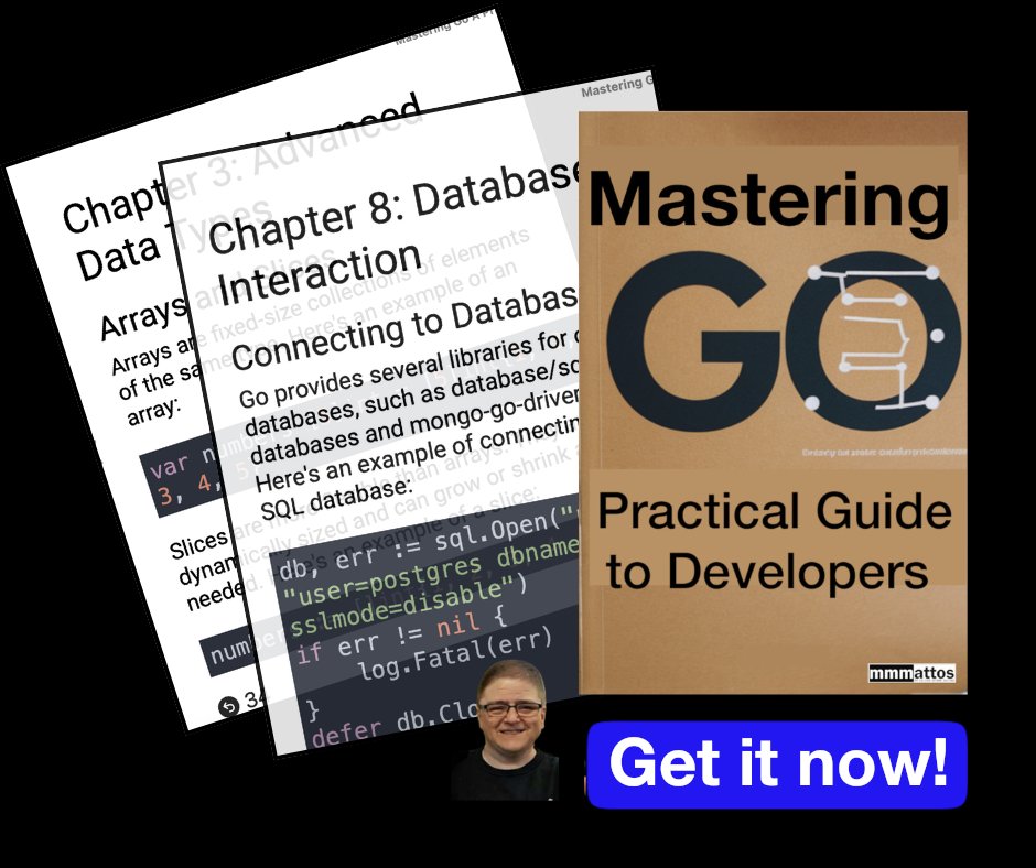 mmmattos's tweet photo. We are also relaunching our initial title on Mastering Go - A Practical Guide to Developers. An introduction to Go. Ccode examples and use cases. Pros and cons.
Get it (now) for free at: https://t.co/GwPcjBzBpo
(or just buy me a coffee 😉) https://t.co/mTS7WP27lt