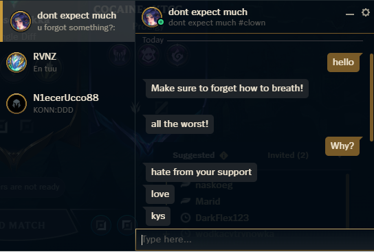 sane_xd's tweet photo. @drewlevin 

can we get this kind of people out? this is a friend of mines chat after getting stomped by a higher skilled player in flex que

this is our support typing really questionable things to him just over a flex game! https://t.co/d9GtEVwlOJ