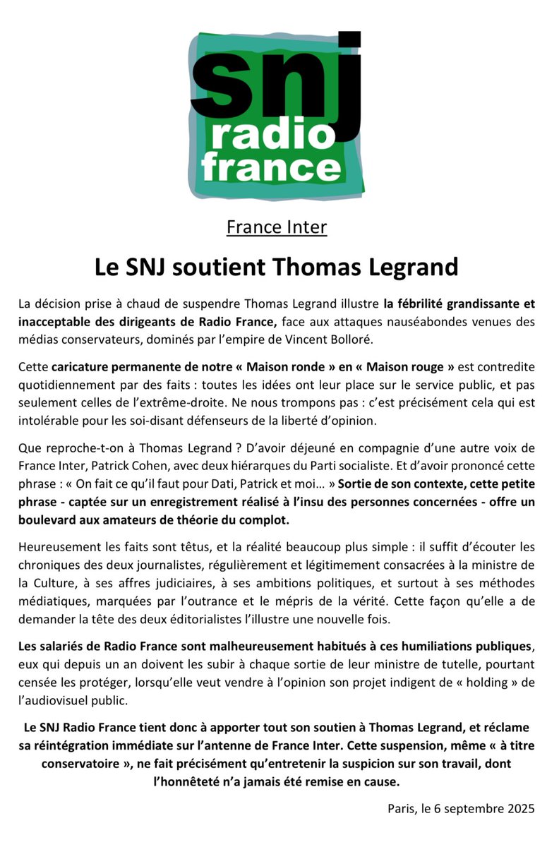 La section SNJ de Radio France soutient Thomas Legrand et exige sa réintégration immédiate. Cet éditorialiste dénonce au quotidien les casseroles judiciaires de Dati et ses attaques contre les journalistes, il mérite tout notre soutien.