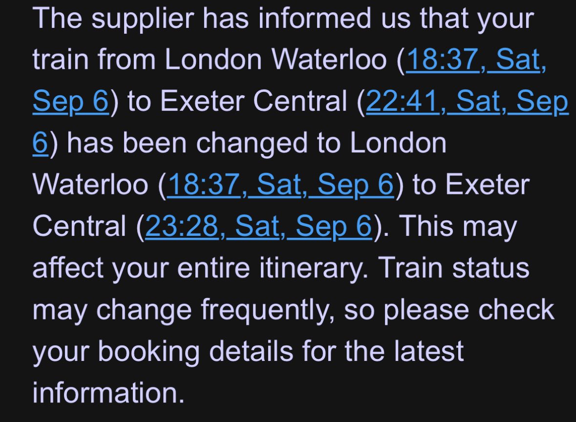 swift22awfc's tweet photo. @SW_Help I was emailed this last night about the change of time. Should have been made aware of this at the time of booking if there was planned engineering works at other places. https://t.co/o1NqOuz5j9