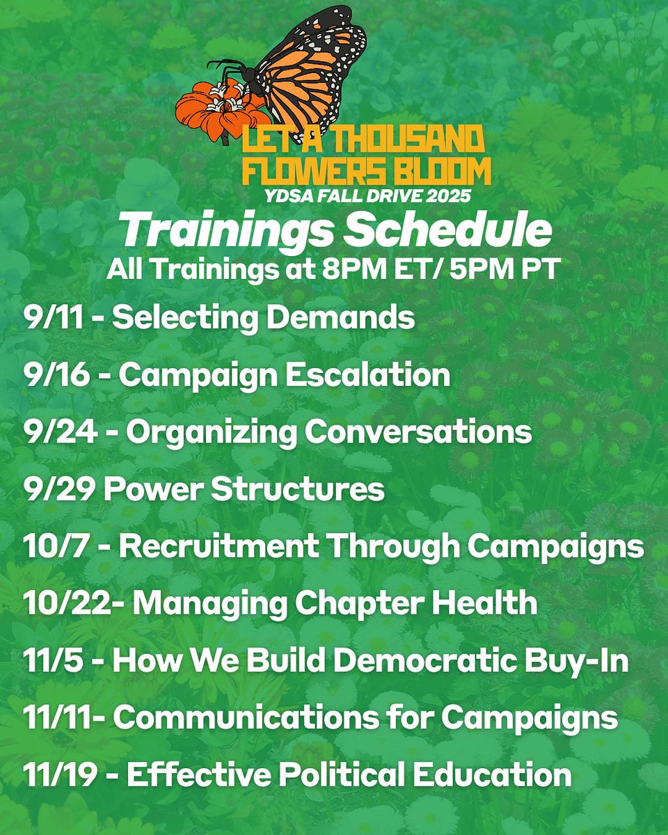 Great News! We have more Fall Drive content! Throughout the fall semester we're offering a variety of national trainings to both chapters new and standing. Come learn some new organizing skills or reinforce ones you already have. Let's grow socialism together!