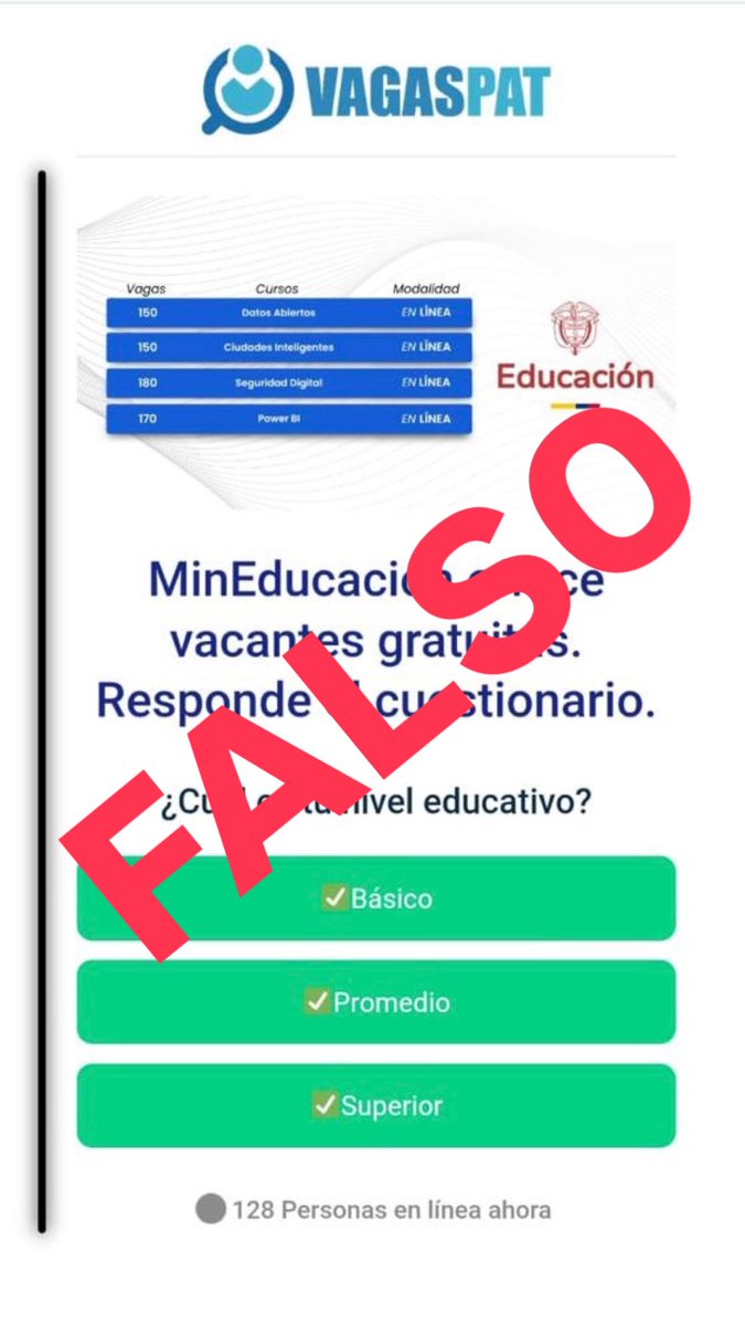 🚨Atención 🚨

No te dejes engañar con falsas ofertas de cursos y convocatorias laborales.

El Ministerio de Educación Nacional NO oferta las vacantes a través de redes sociales. Las convocatorias se realizan a través de la Comisión Nacional del Servicio Civil y las convocatorias