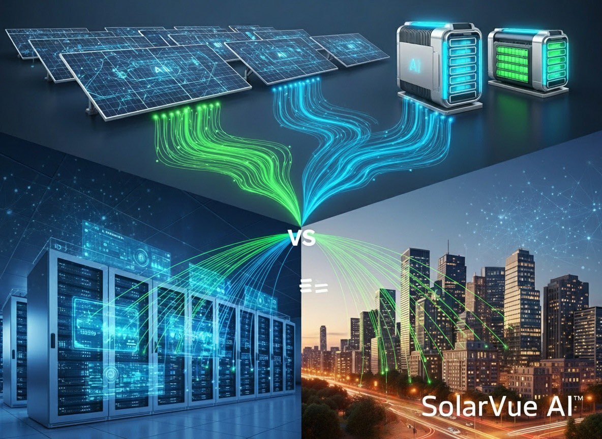 SolarVueHQ's tweet photo. Did you know a single data center can use as much energy as a small city? 🌆 Meet the future: SolarVue AI tackles 24/7 uptime, grid instability, and sky-high costs with AI-driven solar + storage. Cleaner, smarter, reliable power for mission-critical operations. #CleanEnergy #Sun https://t.co/lTzKl7ye9o