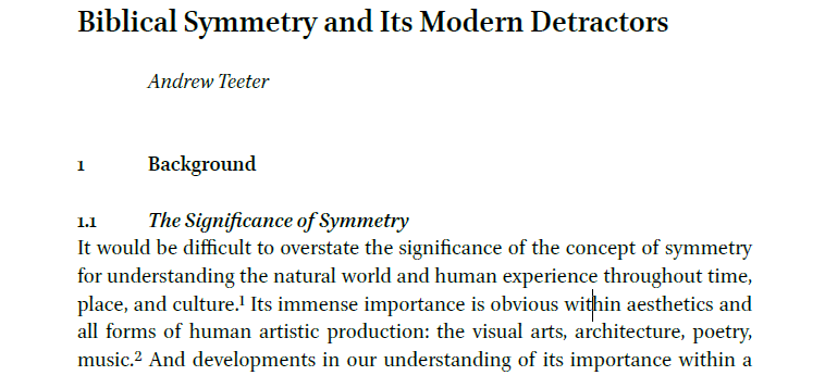 Chiasm-haters need to read Teeter's essay "Biblical Symmetry and Its Modern Detractors," which deals with the problems but also finds that "biblical compositions appear designed to be read and understood as a fractal-like hierarchy of recursively embedded structural levels."