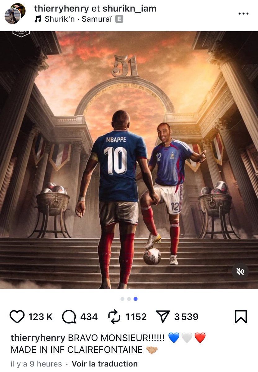 📲 « 𝗕𝗥𝗔𝗩𝗢 𝗠𝗢𝗡𝗦𝗜𝗘𝗨𝗥!!!!!! 💙🤍❤️

𝗠𝗔𝗗𝗘 𝗜𝗡 𝗜𝗡𝗙 𝗖𝗟𝗔𝗜𝗥𝗘𝗙𝗢𝗡𝗧𝗔𝗜𝗡𝗘 🤝 »

Thierry Henry a rendu hommage à Kylian Mbappé qui a égalé son record de buts avec les Bleus hier (51). ⚽️

IG