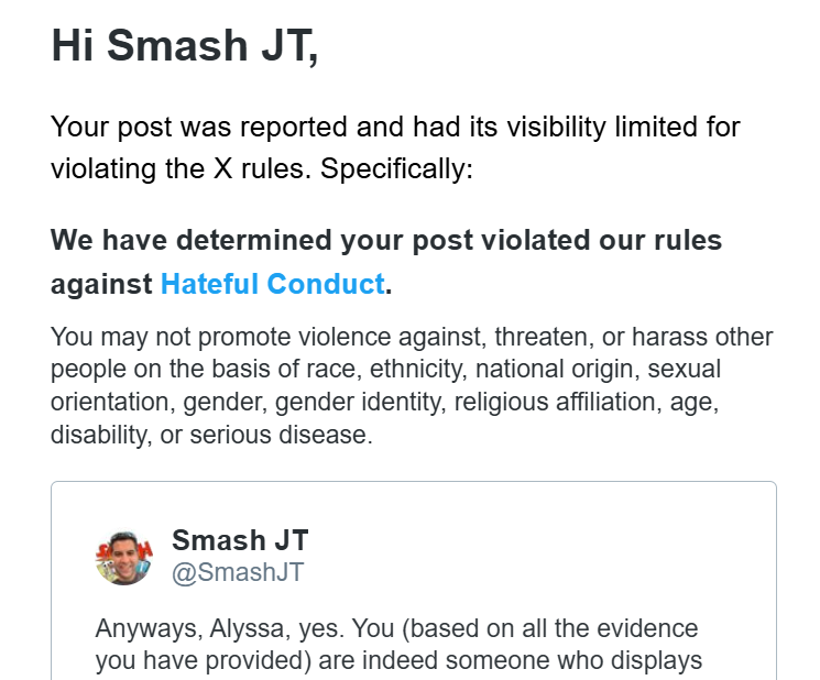 SmashJT's tweet image. I provided a 🧵of proof, with a laundry list of evidence. Someone out there wasn't a big fan of seeing the truth.

There was nothing "hateful" about my post. I am currently being sued. I put the thread together to correct the record of her claiming she wasn't the very thing that