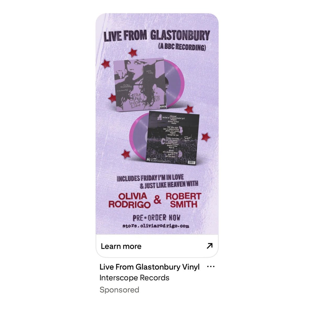 An advertisement for an upcoming Olivia Rodrigo ‘Live from Glastonbury’ vinyl has reportedly been seen on Pinterest.