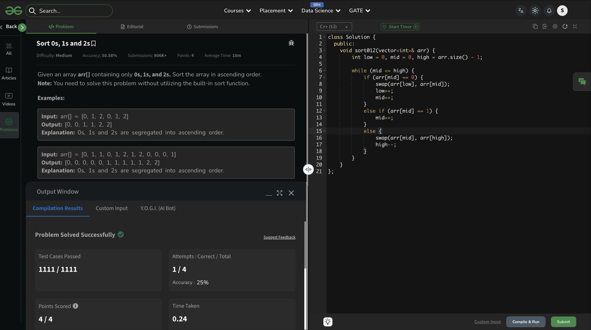 SHUBH_CODE11's tweet photo. Day 20 of #100DaysOfCode
Solved the classic Dutch National Flag Problem 🎯

Array with only {0,1,2}?
Instead of sorting → use 3 pointers (low, mid, high) 👉 One-pass, O(n), O(1) space ⚡

#CPP #DSA #ProblemSolving #gfg160daysofcoding https://t.co/aG8rlFQFVq