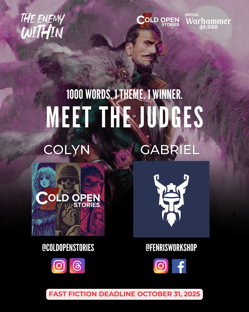 ColdOpenStories's tweet image. ✍️ The longest-running Warhammer 40,000 Fast Fiction competition is back — and we’re thrilled to announce our community judge for this edition: Gabriel of Fenris Workshop (@fenrisworkshop on Instagram). 

Get started on YOUR submission before the deadline on Halloween night 🎃