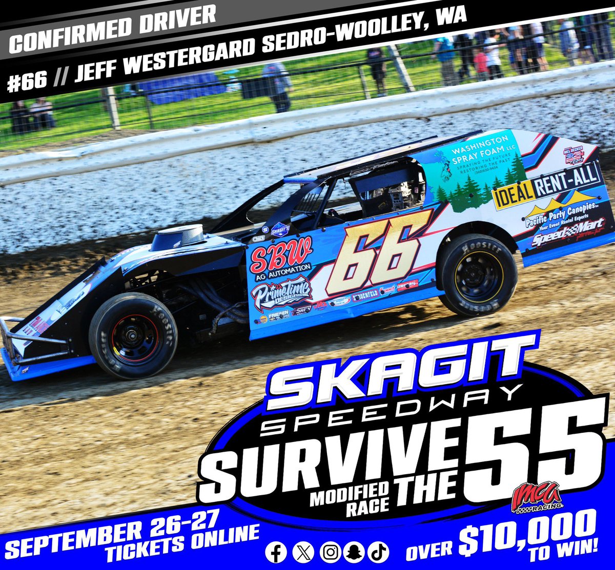 CONFIRMED DRIVER 
#66 JEFF WESTERGARD
SEDRO-WOOLLEY, WA

The Survive the 55 is less than one month away!
Friday, Sept 26 - Saturday, Sept 27

55 laps of extreme Modified action.  The best of the west, going wheel to wheel for over $10,000 on Saturday night.  

Drivers can