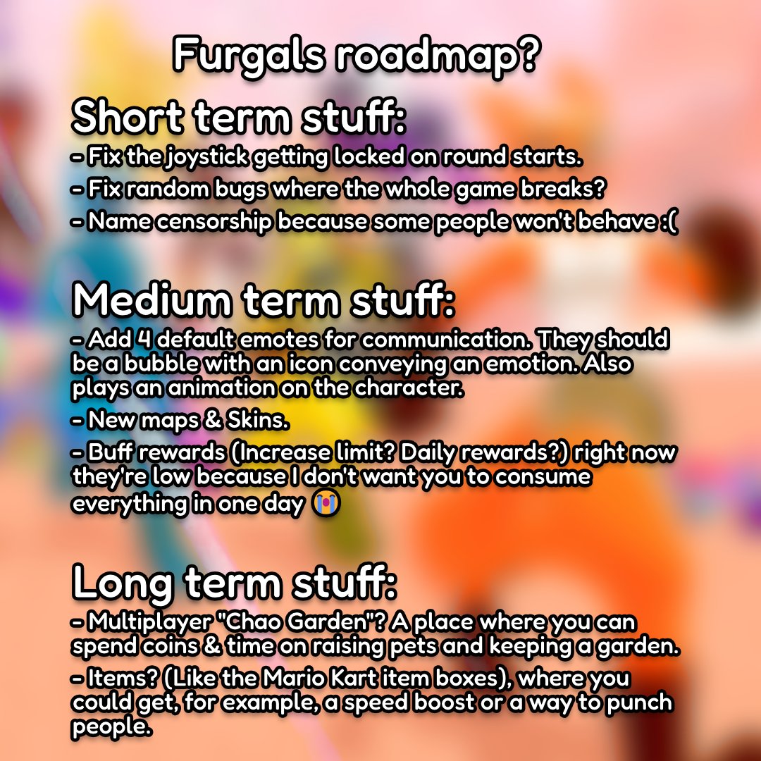 Holy shit I'm overwhelmed by the support 😭💖 While there aren't many players (40 CCU right now), lots of people are buying skins so THANK YOU A LOTTTT 🥹🙏!!!

here's a roadmap I quickly cooked up. I guess my main goals with the game is to make it less boring and content dry 🦊