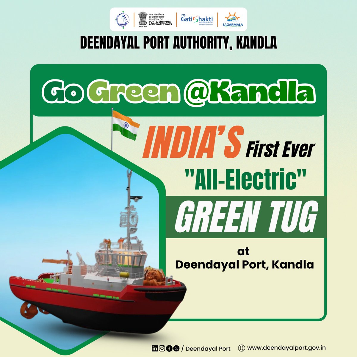 Deendayal_Port's tweet image. ⚓ Sailing Towards a Greener Future! 🌱
Production of India’s first &quot;All-Electric&quot; 60T Bollard Pull Tug for Kandla Port has started, with deployment targeted by Q4 2026.

A landmark step in #GoGreen, #Decarbonization and #GreenShipping. ⚡🚢
#GoGreen@Kandla 

#GTTP…