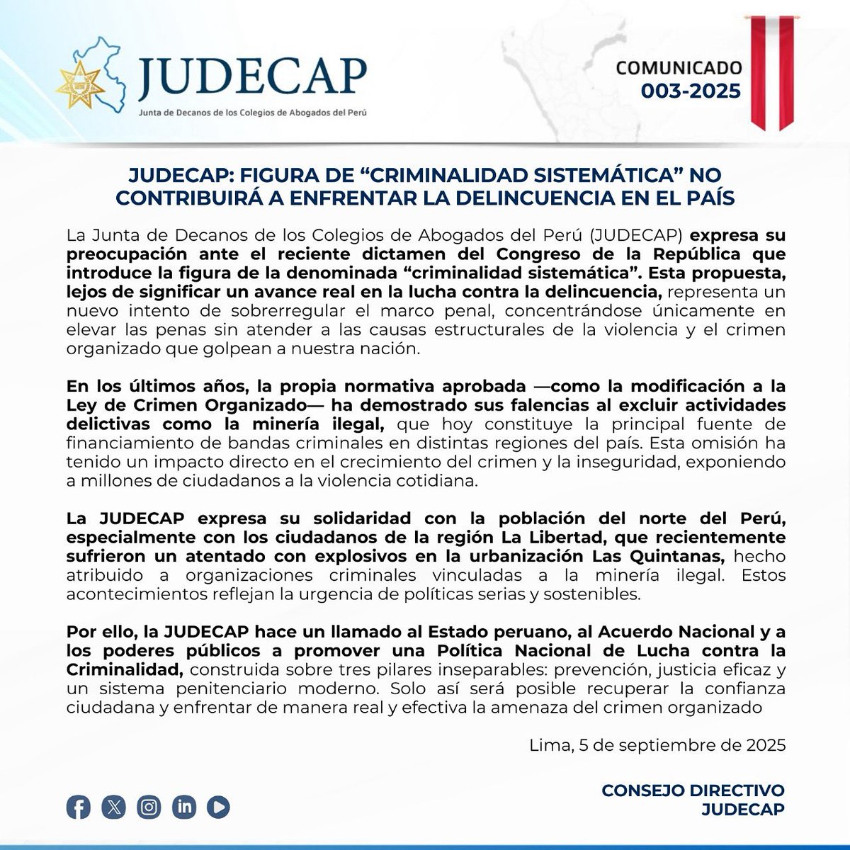 JUDECAP_OFICIAL's tweet image. 📢 #COMUNICADO 003-2025 | JUDECAP: FIGURA DE &quot;CRIMINALIDAD SISTEMÁTICA&quot; NO CONTRIBUIRÁ A ENFRENTAR LA DELINCUENCIA EN EL PAÍ