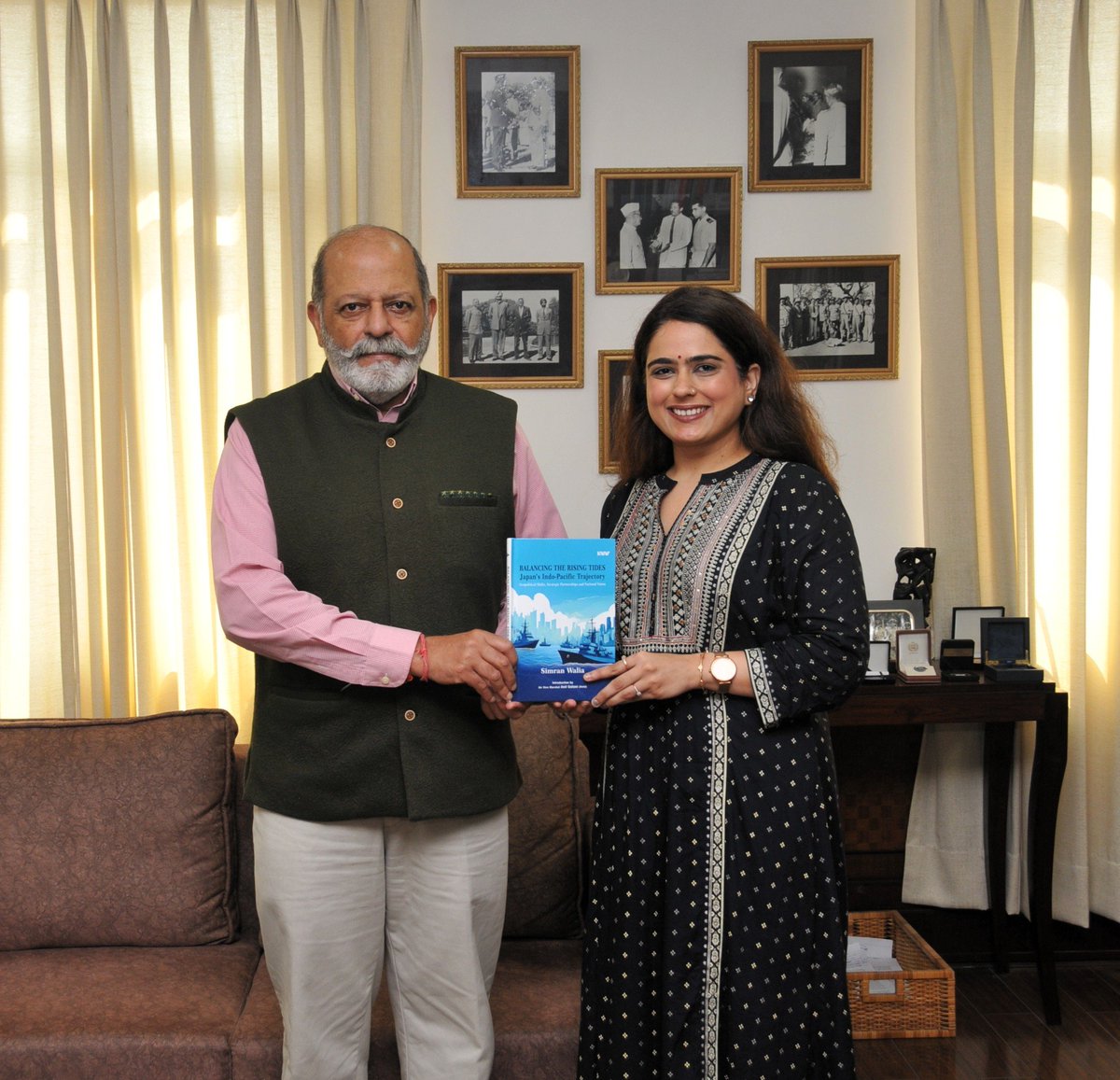 Honoured to present my book, 'Balancing the Rising Tides: Japan's Indo-Pacific Trajectory' to Amb. <a href="/SujanChinoy/">Sujan Chinoy</a>, Director General, <a href="/IDSAIndia/">Manohar Parrikar IDSA, New Delhi</a>. Had an interesting conversation about theme of the book n #Japan's Security Policy. Thank you for your insightful words n guidance, Sir