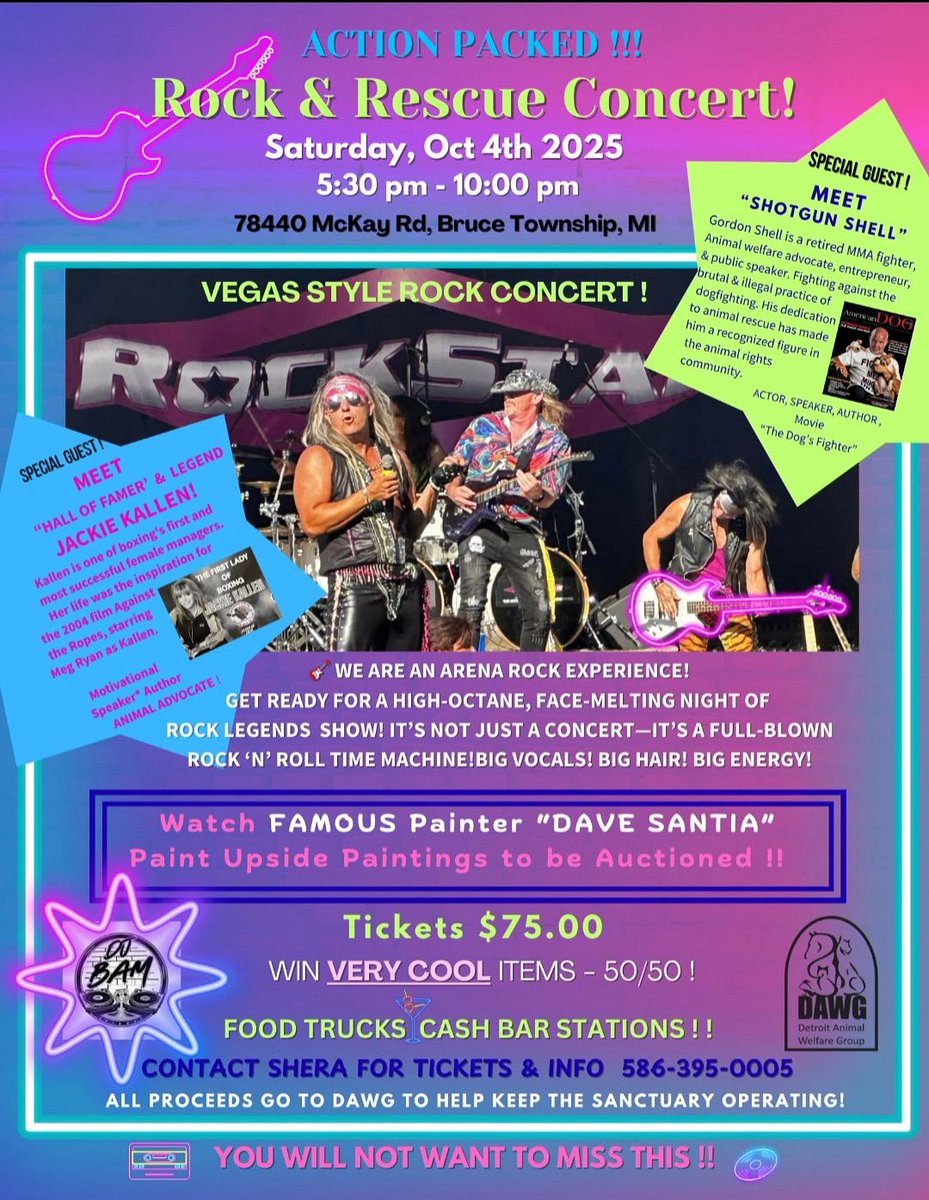 I’ll be painting LIVE at the Rock &amp; Rescue Concert on Sat, Oct 4 in Bruce Twp.
Proceeds benefit Detroit Animal Welfare Group (#DAWG).

Vegas-style rock show, Auctions, Meet Hall of Famer <a href="/JackieKallen/">Jackie Kallen</a> &amp; former MMA fighter <a href="/Gordonshell/">Gordon Shell</a> .

Tickets: Shera 586-383-7400

#fundraiser