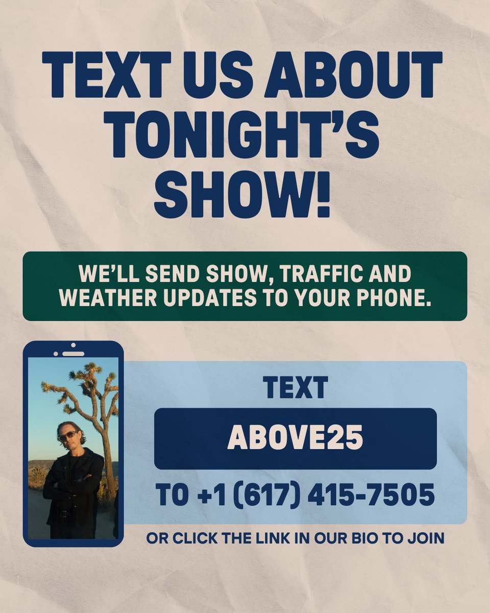 #TONIGHT 🔥 Above &amp; Beyond - Bigger Than All Of Us North America w/ Marsh &amp; Rezident

🎫 Still need tix or upgrades? We got you.
📲 Text us! Text “ABOVE25” to +1 (617) 415-7505 &amp; we’ll send show updates to your phone
❓ QUESTIONS? Head to our website
🔗 ticketmaster.com/event/01006291…