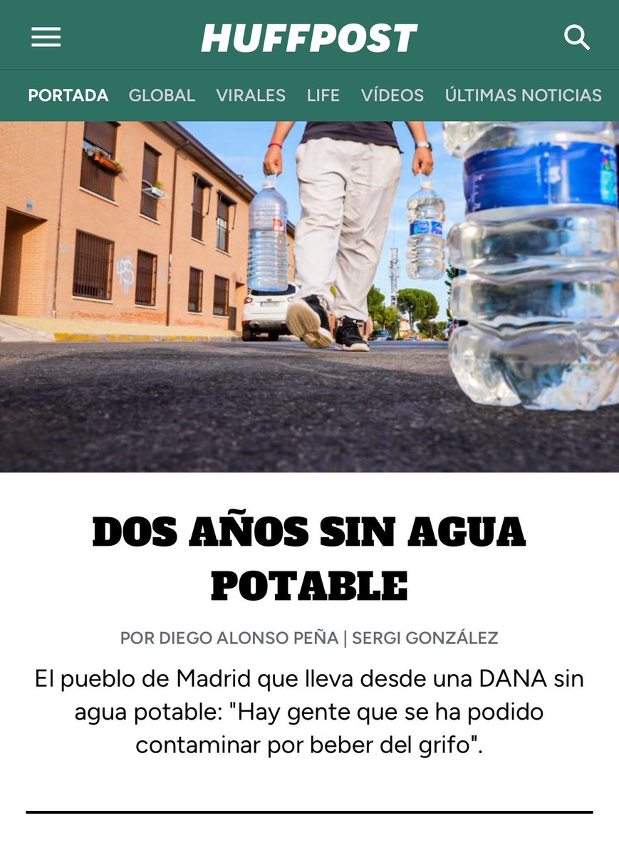 AHORA, EN PORTADA:

🚱El pueblo de Madrid que lleva dos años sin agua potable: "Hay gente que se ha podido contaminar por beber del grifo"

Por: <a href="/sergiglezbueno/">Sergi González</a> y <a href="/diego_aprt/">Diego Alonso Peña</a> 

huffingtonpost.es/politica/el-pu… 👈