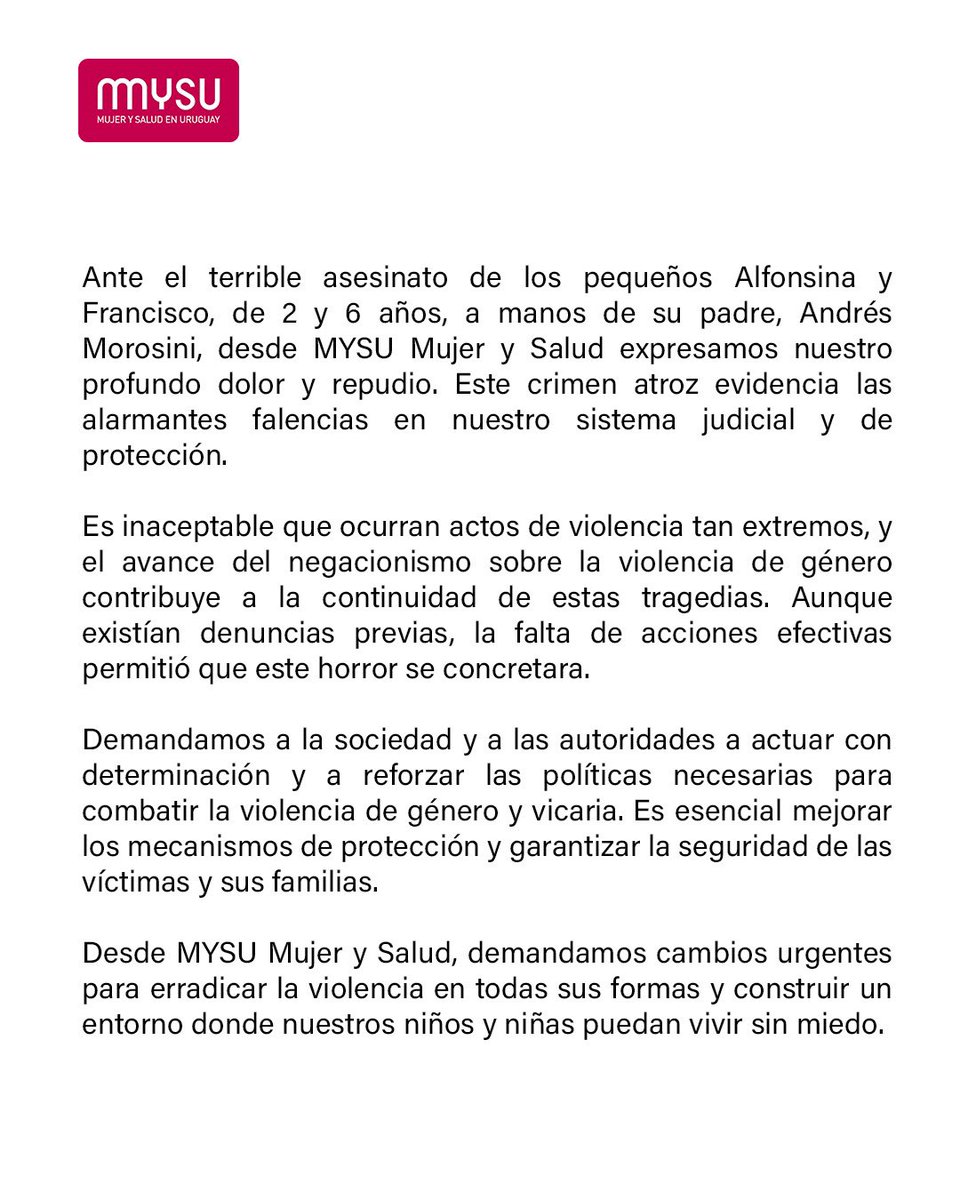 Hoy lloramos a Alfonsina y Francisco.
Dos vidas arrebatadas por la violencia vicaria. No son casos aislados, son el resultado de un sistema que falla en proteger frente a la violencia de género. Desde MYSU exigimos respuestas urgentes, queremos un país donde se viva sin miedo.