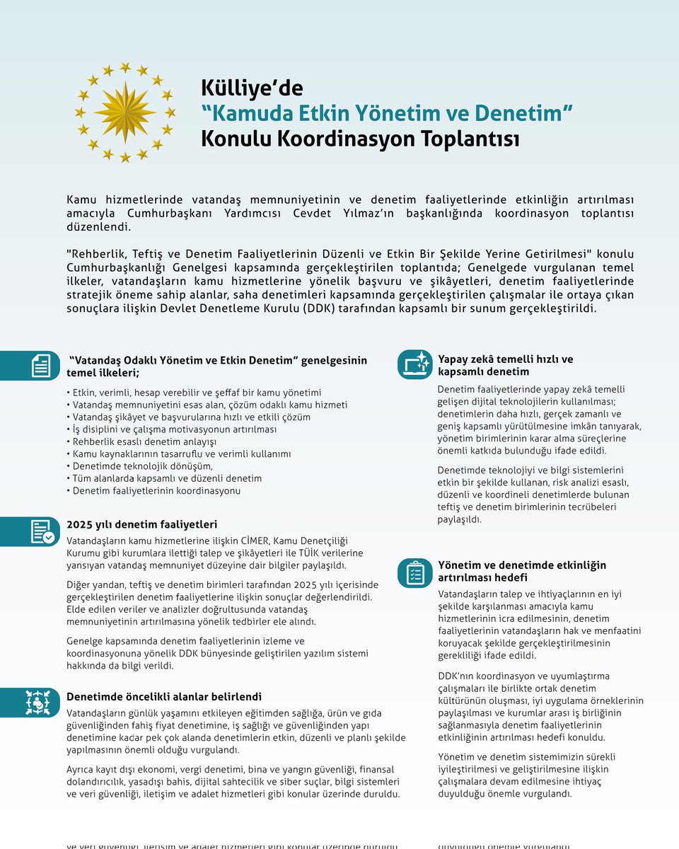 “Vatandaş Odaklı Yönetim ve Etkin Denetim” temalı genelge kapsamında gerçekleştirdiğimiz koordinasyon toplantısında; 

📌 Vatandaşlarımızın kamu hizmetlerine ilişkin başvuru ve taleplerinin analizi, 

📌 Teftiş ve denetim birimlerinin mevzuat, teşkilat ve insan kaynağı gibi