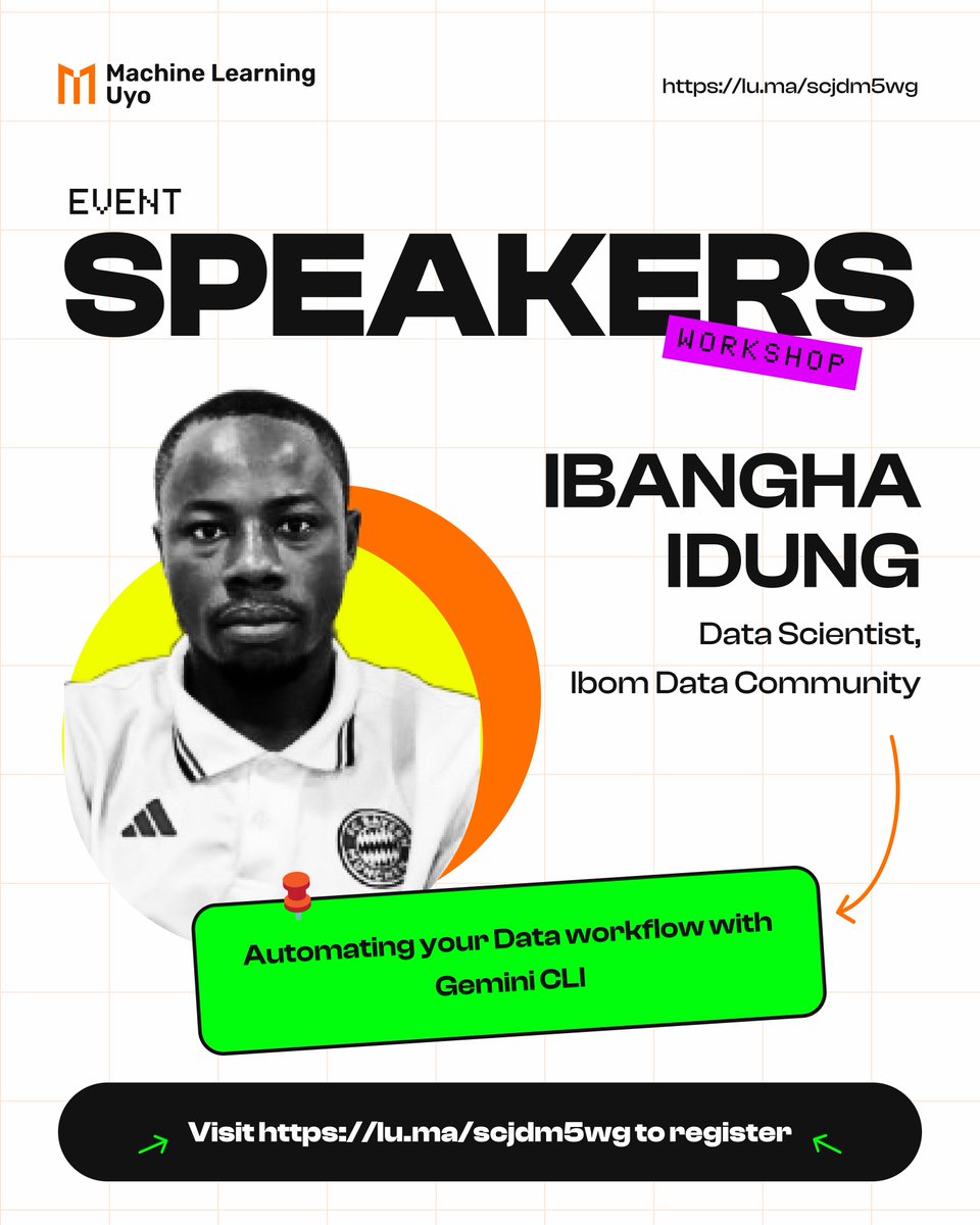 TFUGUyo's tweet image. Ibangha Ubon Idung, Data Scientist at Ibom Data Community, teaches "Automating Your Data Workflow with Gemini CLI"
Learn how to:
Setup Gemini CLI
Automate data pipelines
Streamline workflows
Scale data processes
#AICommunityDay #MachineLearningUyo #DataScience