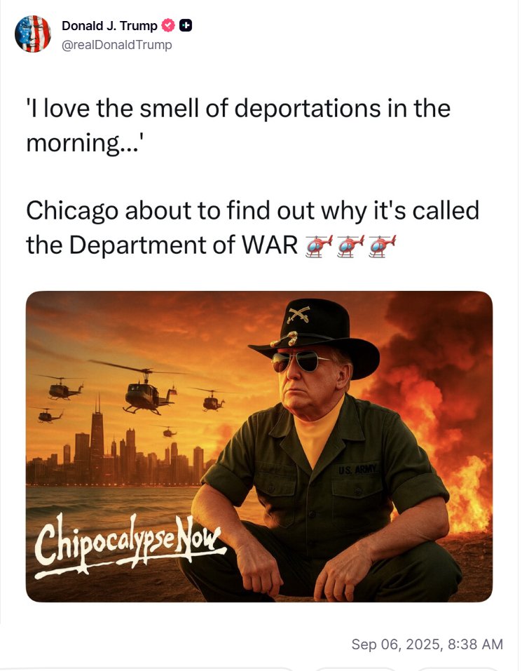 Donald J. Trump wearing sunglasses and a military-style hat, sitting in front of a city skyline with helicopters flying and flames in the background. The text "Chipocalypse Now" is visible on the image.