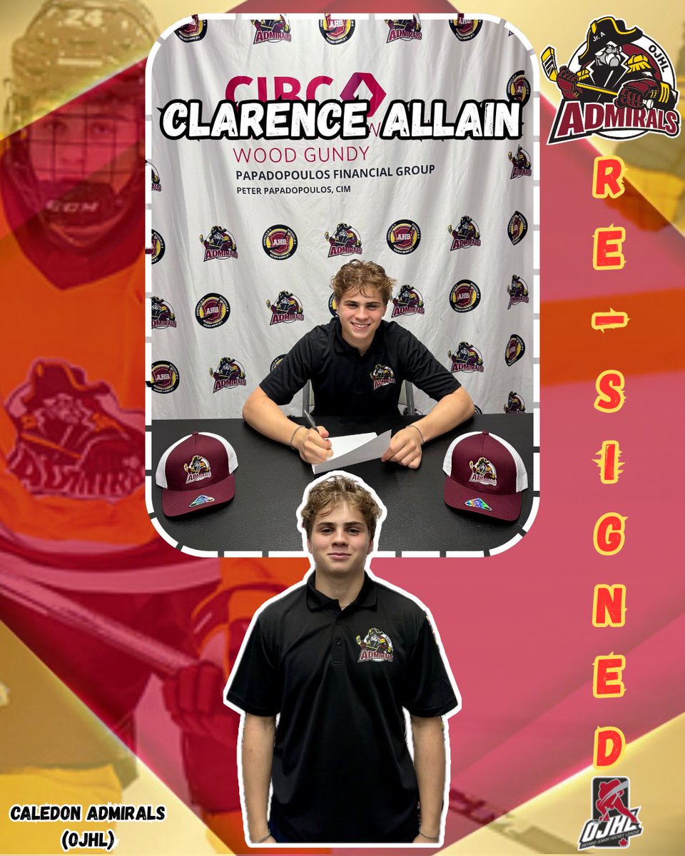 RE-SIGNED &amp; SEALED! ✍🏻🔐 Please Welcome Back, Clarence Allain, an 08’ forward, to the Caledon Admirals, for the 2025/2026 <a href="/OJHLOfficial/">OJHL</a> season‼️👀 
•
•
#AdmiralsHockey #StandByTheAdmirals #TrustTheProcess #OJHL #JuniorA #Signed #Returning #Forward #Hockey