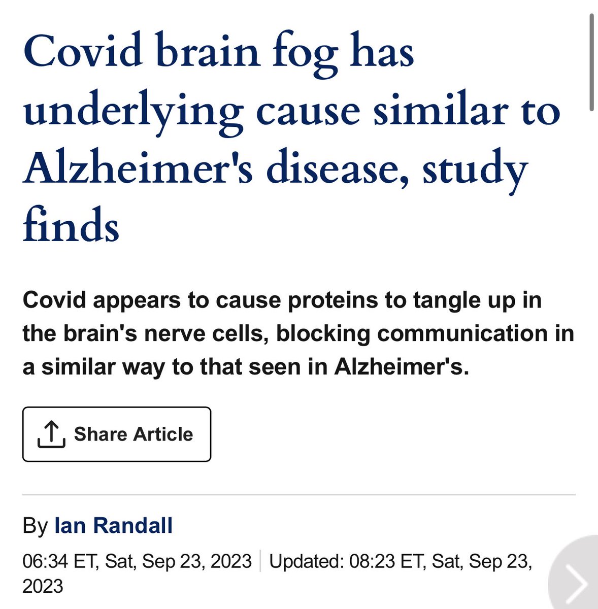 Covid brain fog has underlying cause similar to Alzheimer's disease, study finds
Covid appears to cause proteins to tangle up in the brain's nerve cells, blocking communication in a similar way to that seen in Alzheimer's.
Comment section
Share Article
By Ian Randall
06:34 ET, Sat, Sep 23, 2023 Updated: 08:23 ET, Sat, Sep 23, 2023