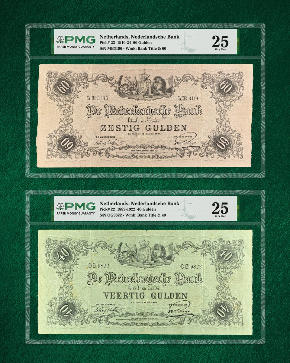 PMGnotes's tweet image. These two Netherlands notes with the seldom-seen denominations of 40 Gulden and 60 Gulden are among more than 1,200 PMG-certified rarities in a Crown Currency auction this month. Learn more and see additional highlights: PMGnotes.com/news/article/1… #papermoney #rarenotes #netherlands