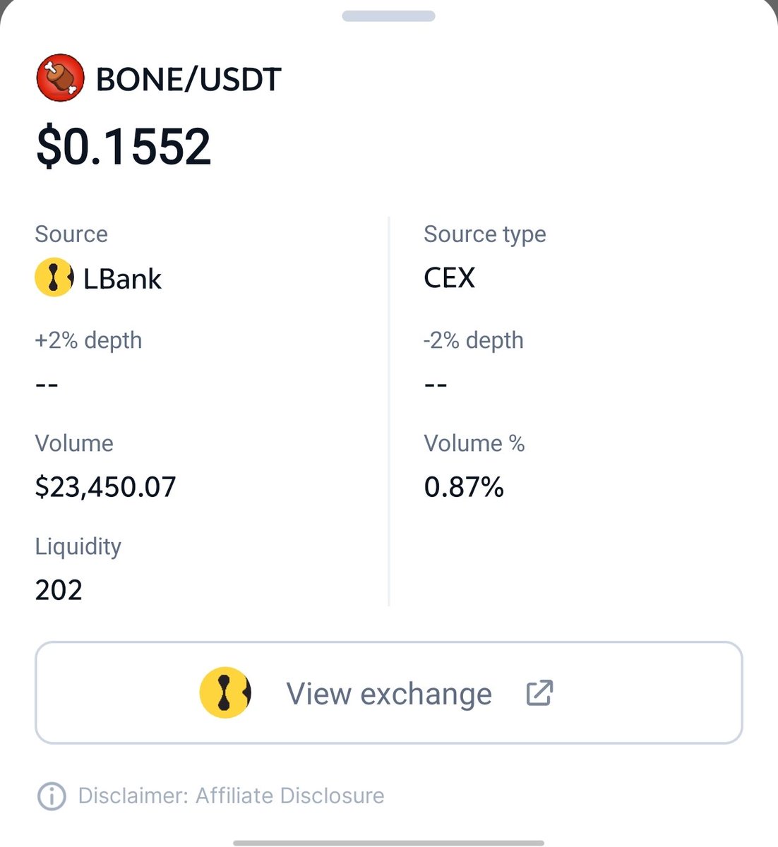 $Bone Shibaswap $BONE/USDT on Mexc vs LBank

Mexc: 239 liquidity score
<a href="/LBank_Exchange/">LBank.com</a> : 202 liquidity score

Mexc: Spread 0.26%
Lbank: Spread 0.13%

Big difference in Spread and liquidity — could affect order execution on LBank

<a href="/DcPurn/">DC_purn king</a>  <a href="/Mstsumila/">蘇米拉山</a> 

#LBankHunt #LiquidityHunt