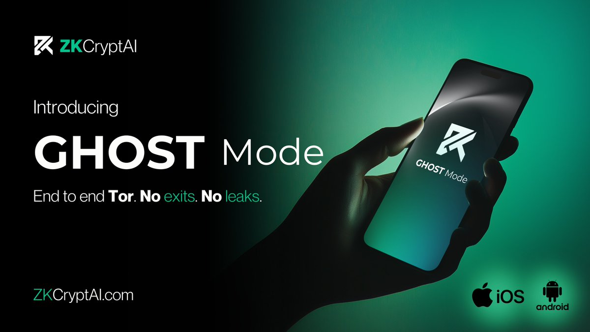 ZKCryptAI's tweet image. Introducing Ghost Mode for your mobiles

End to end Tor. No exits. No leaks.

We are rolling out Ghost Mode on iOS first, with Android next. Ghost Mode is one tap onion only networking for mobile. Your app connects to our private .onion backend entirely inside Tor, so privacy is…