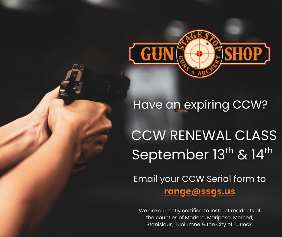 stagestopgun's tweet image. Have an expiring CCW? Register for our next CCW Renewal class in September!

Please sign the range waiver prior to your class. Please download and fill out the form “CCW Serial” and email the completed form to range@ssgs.us.

#StageStopGunShop #GunSafety #CCWRenewal