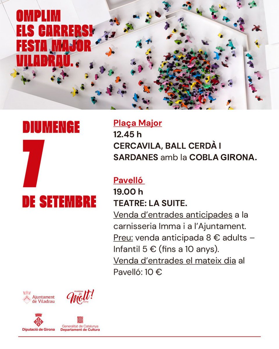 📝 ACTES DE 📅 DEMÀ DIUMENGE 7 DE SETEMBRE 🎊🎉 FESTA MAJOR VILADRAU 2025

💃🏻 Cercavila, Ball Cerdà i sardanes
🎭  Teatre "La Suite"

ℹ️ Més informació:
🌐 bit.ly/4fh3VDT

#FestaMajorViladrau2025 #FMViladrau2025 #Viladrau #Osona #Viladrauésmolt