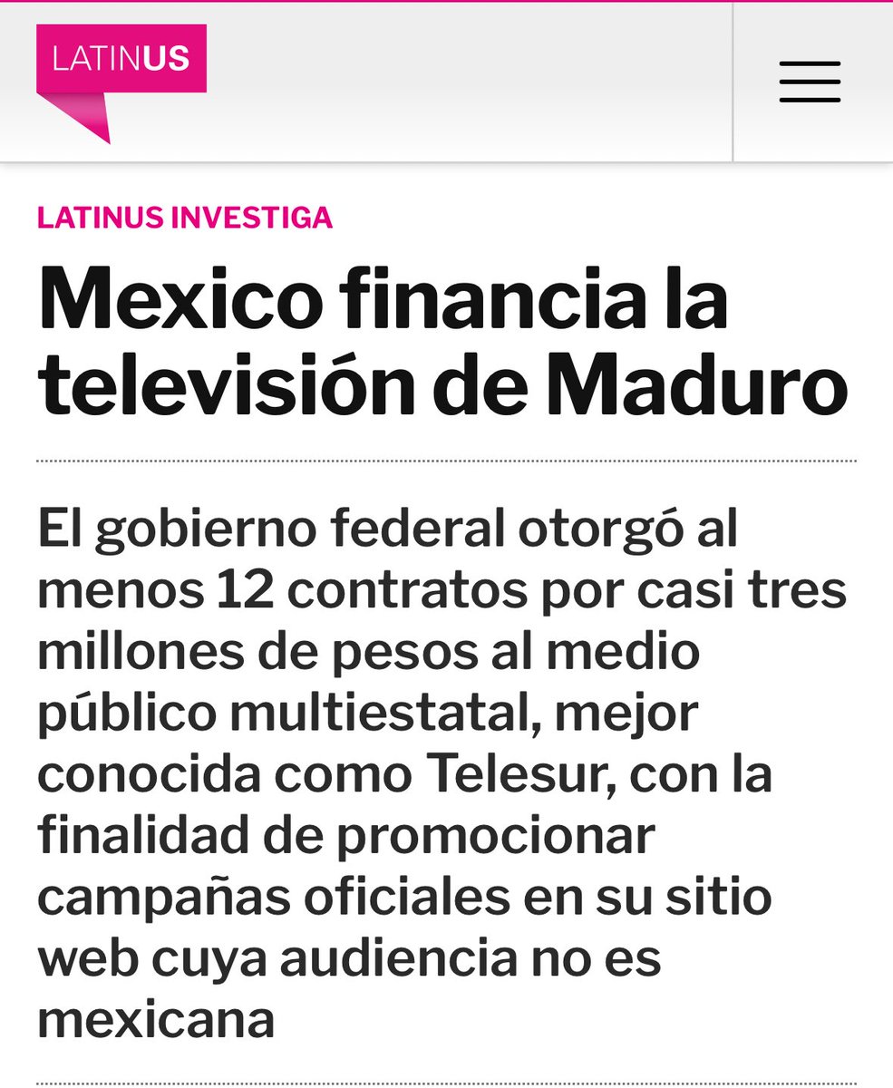 🚨 #México pagó contratos por casi $3 millones de pesos a Telesur (medio público de Venezuela y Cuba) desde la llegada de AMLO, para difundir campañas como #TrenMaya, #PrevenIMSS o la Estrategia Nacional de Lectura, pero en un sitio cuya audiencia no es mexicana. ¿Publicidad con