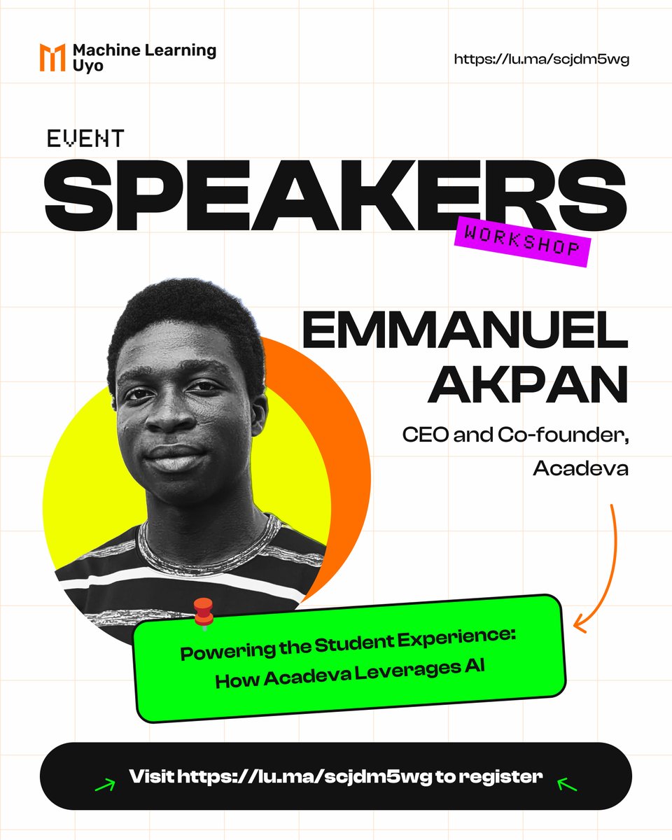 TFUGUyo's tweet image. Emmanuel Akpan @emmanuelekopimo , CEO & Co-founder of @acadeva, presents "Powering the Student Experience: How Acadeva Leverages AI"
Real case studies on:
Personalized learning AI
Scaling edtech with AI
Thanks Emmanuel and Team🙌
#AICommunityDay #MachineLearningUyo #EdTech