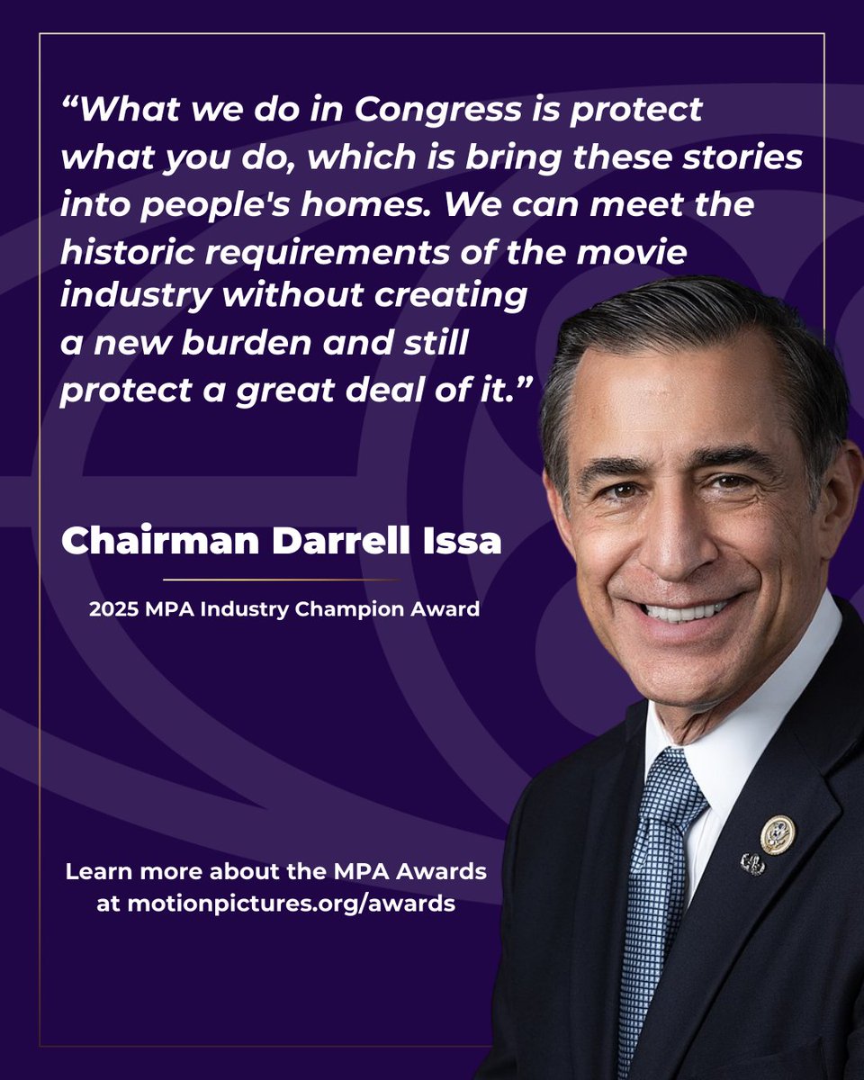 motionpictures's tweet photo. As an entrepreneur and patent holder, Rep @DarrellIssa knows the importance of protecting IP. He’s a trusted partner and steady voice for our industry.
Read @TheCredits interview with the 2025 MPA Industry Champion Award recipient: https://t.co/fraHSMecE2
#MPAAwards https://t.co/82RbqKWDm6