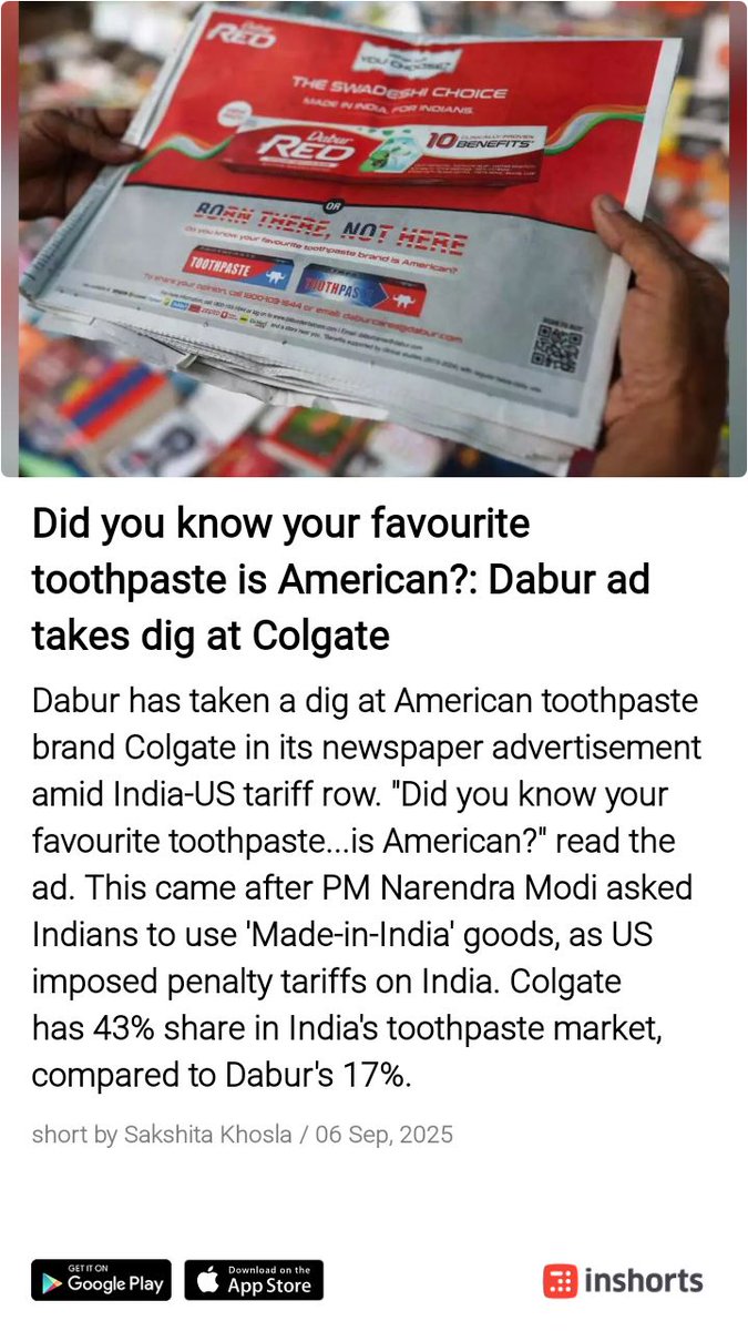 I will switch to INDIAN BRAND TOOTH PASTE from hence forth, for sure, Until the Trade war ends
shrts.in/ewarj2d6f5