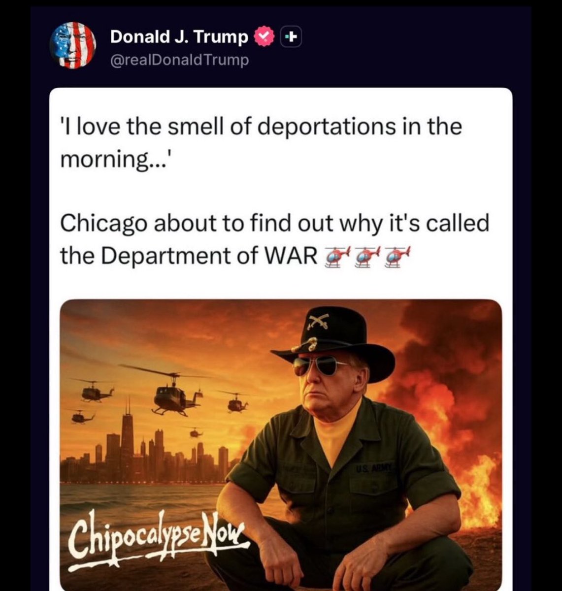 The President of the United States just essentially declared a war on Chicago because — wait for it! — Black and Brown people live here.

This is not normal. This is not okay. And we are going to fucking fight back.
