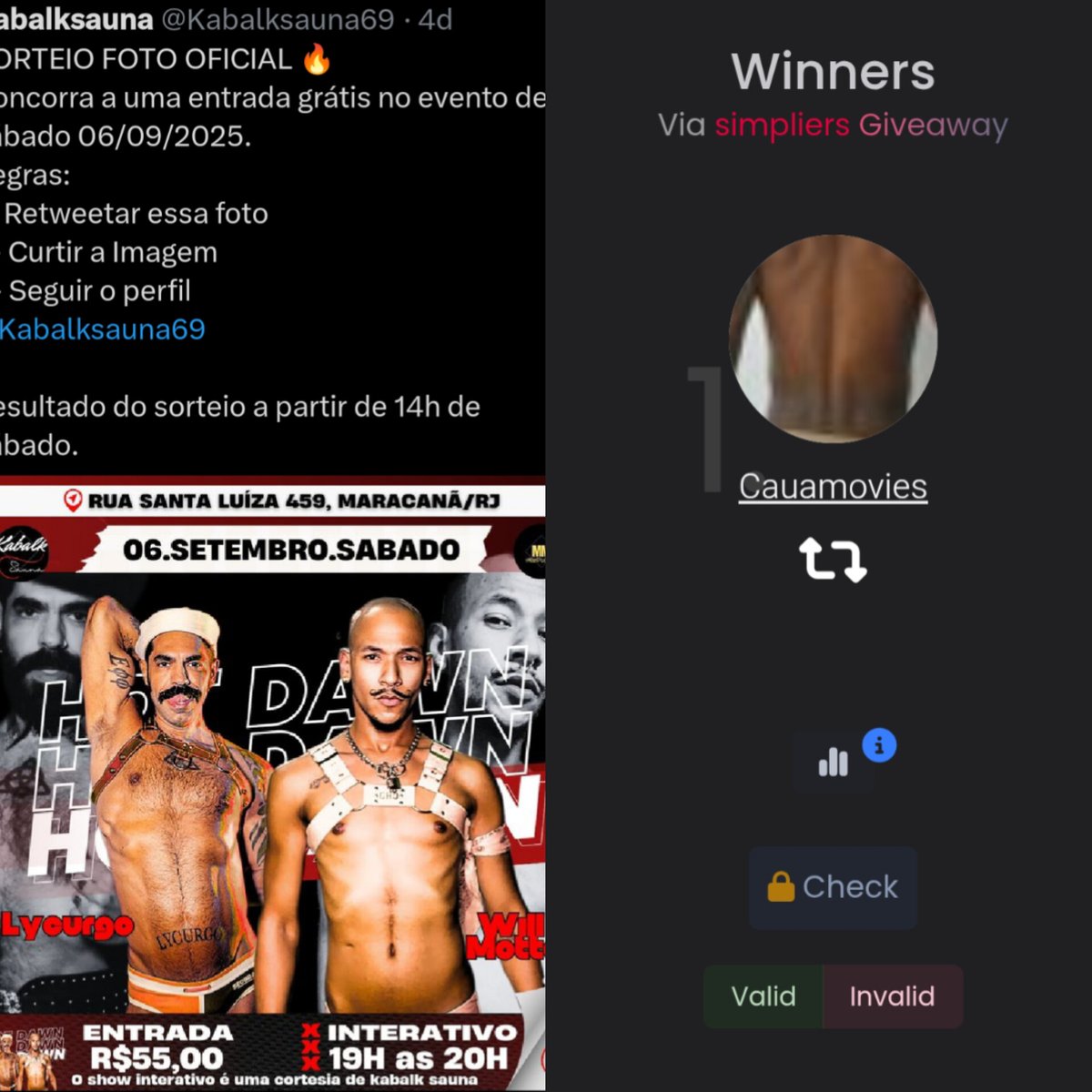 Parabéns <a href="/Cauamovies/">Caua</a> ,
Você ganhou uma entrada grátis para o evento de hoje 06/09/2025 sábado.
Olhe sua Dm.