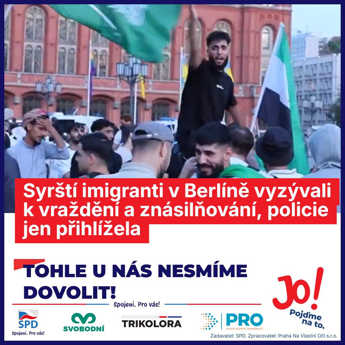 NEODVOLÁM Syrští imigranti v Berlíně vyzývali k vraždění a znásilňování, policie jen přihlížela. Tohle u nás nesmíme dovolit! Šílené. Znásilňujte je, zabíjejte je, vyzývaly před berlínskou radnicí stovky Syřanů, kteří se tam účastnili demonstrace na podporu nového islamistického