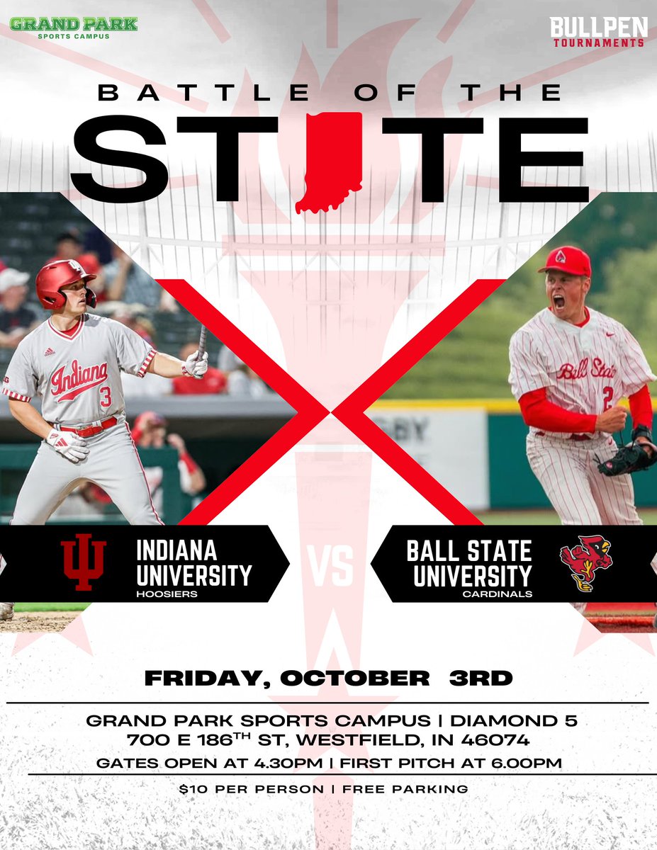 Bullpenevents's tweet photo. 🚨COLLEGE FALL BALL IS COMING TO GP🚨

Indiana University vs Ball State University
- October 3rd
- Diamond 5
- 6:00pm 

Come take in some collegiate action at Grand Park!
#BattleOfTheState #WhereBaseballMatters https://t.co/Htw0HpUCTo